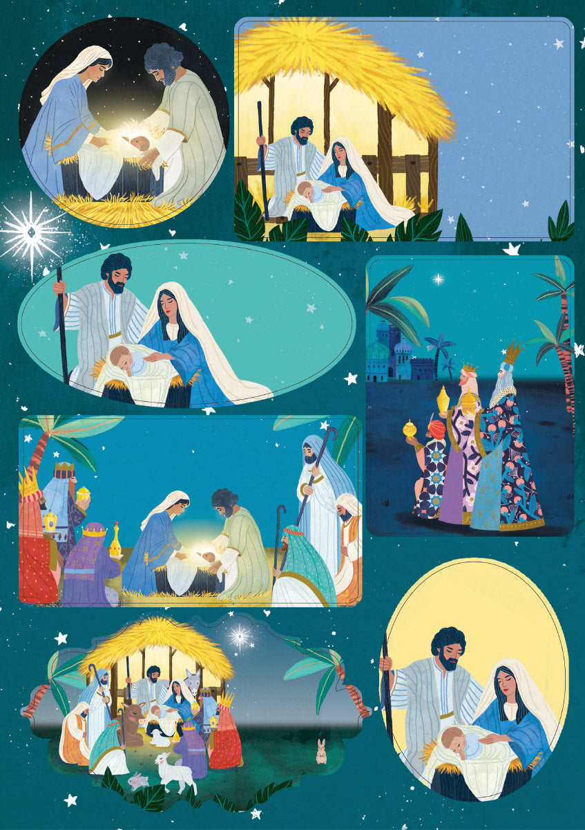 Roger la Borde Away in a Manger Sticker Label Sheets featuring artwork by Antoana Oreski