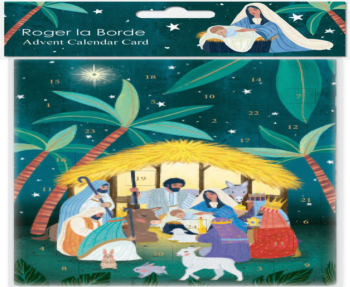 Roger la Borde Away in a Manger Advent calendar card featuring artwork by Antoana Oreski