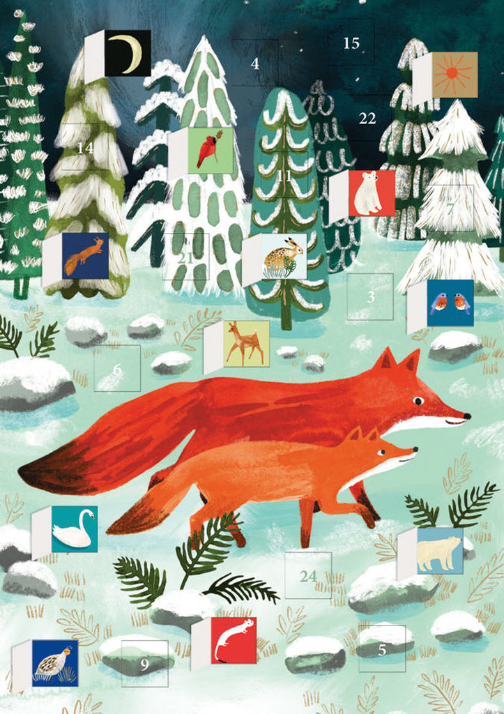 Roger la Borde Running Foxes Advent calendar card featuring artwork by Katie Vernon