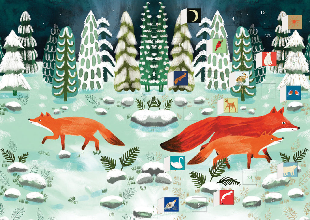 Roger la Borde Running Foxes Advent calendar card featuring artwork by Katie Vernon