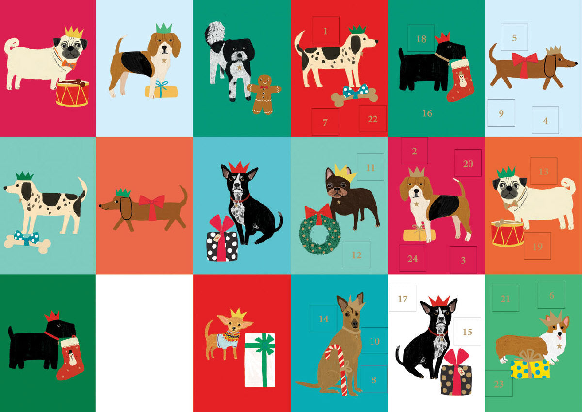 Roger la Borde Dog Checkerboard Advent calendar card featuring artwork by Anne Bentley