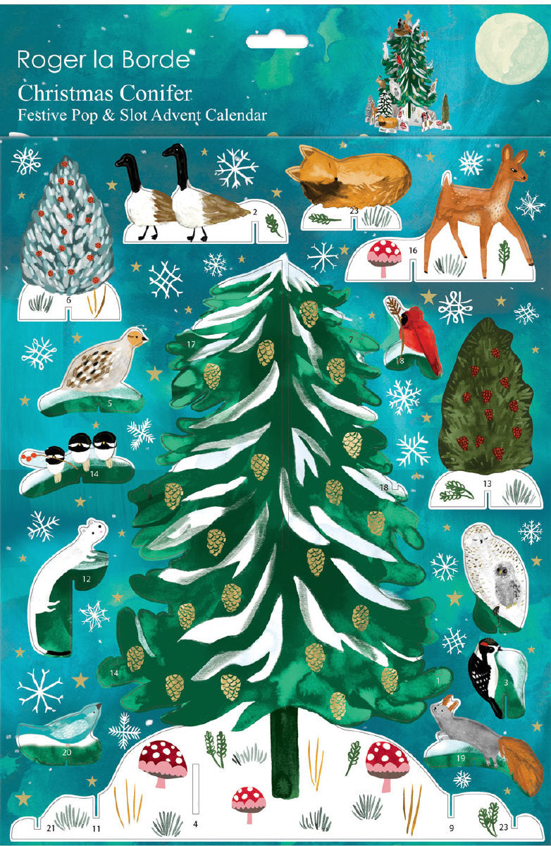 Roger la Borde Christmas Conifer Pop & Slot Advent featuring artwork by Katie Vernon