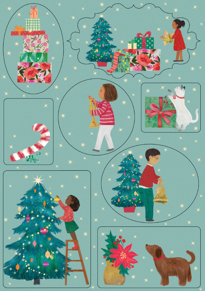 Roger la Borde A Christmas Party Sticker Labels Sheet featuring artwork by Kendra Binney