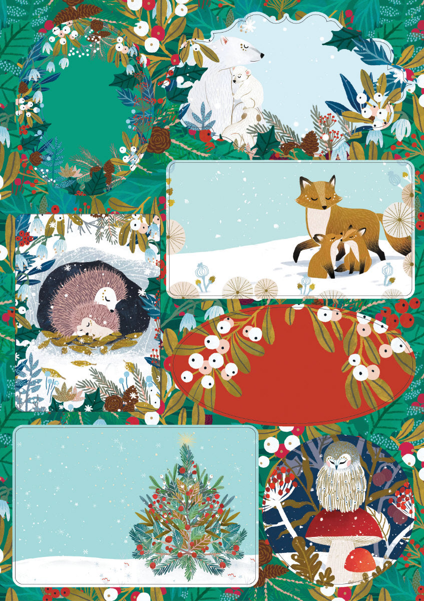 Roger la Borde Snowy Sanctuary Sticker Labels Sheet featuring artwork by Antoana Oreski