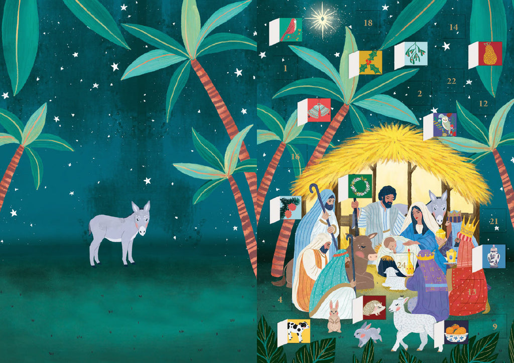 Roger la Borde Away in a Manger Advent calendar card featuring artwork by Antoana Oreski