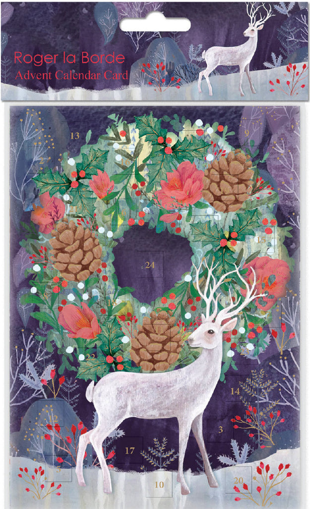 Roger la Borde Silver Stag Advent calendar card featuring artwork by Kendra Binney