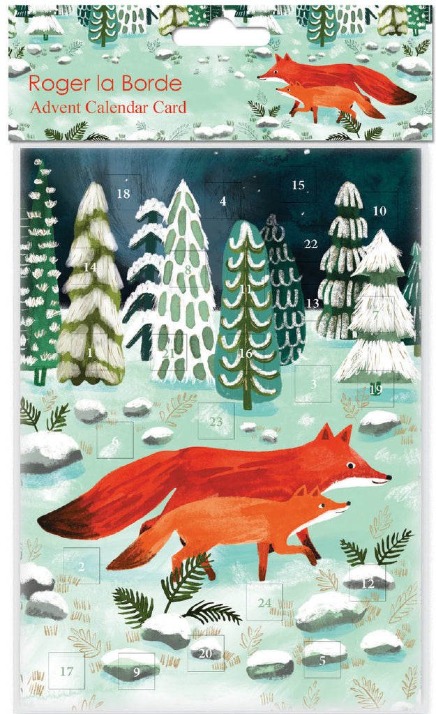Roger la Borde Running Foxes Advent calendar card featuring artwork by Katie Vernon