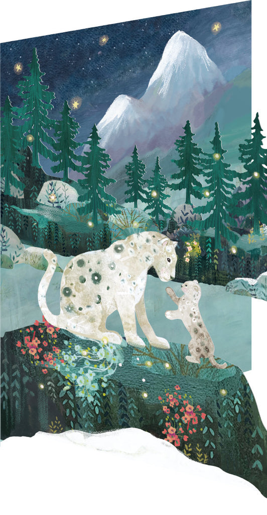 Roger la Borde Snow Leopard Lasercut card featuring artwork by Kendra Binney